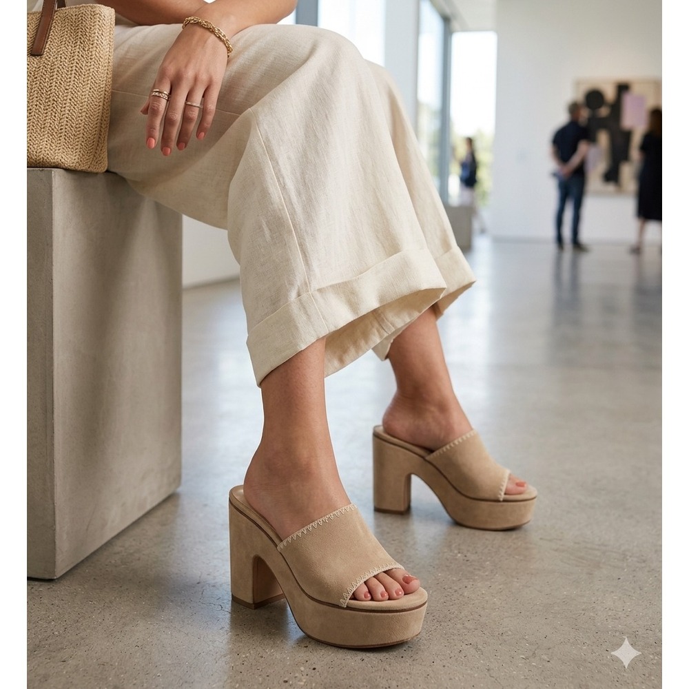 Mi.im Size 10 Beige Suede Heeled Mules Chunky Platform Whipstitched Trim 4" Heel